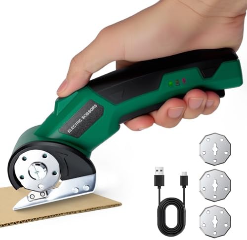Longzhuo Kartonschneider Elektrische Schere | Universalschneider mit 3 Selbstschärfende Klingen,Bequemer als ein Papierschneider - Ideal für Stoff,Pappe,Teppich,Leder,Filz