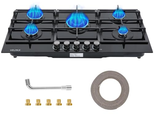 Gas Hob 5 burners, Built in Black Glass Gas Hob with Flame Out Protection,with Cast Iron Supports,NG/LPG Convertible