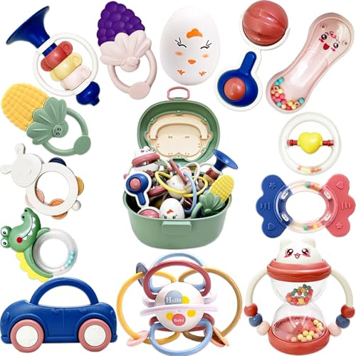 Gdbykds Baby Rassel Beißring Set, Baby Spielzeug ab 0 1 2 3 4 5 6 7 8 9 10 11 12 Monate, Shaker Greifen Rassel Neugeborenes Spielzeug, Babyspielzeug Geschenk FüR Junge MäDchen Kleinkinder（14 PCS）