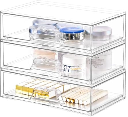 3 Pack Stapelbare Aufbewahrungsschubladen Schubladen Organizer Schminktisch | Acryl Transparent Kosmetik Organizer Schublade Stapelbare Schubladenbox,Badezimmer Aufbewahrung und Organisation