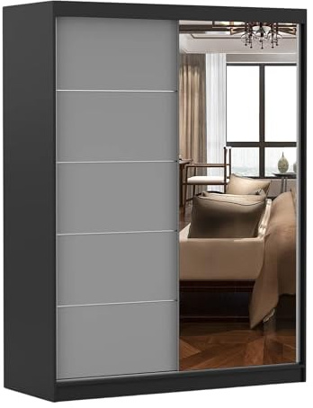 Fabryka Mebli Idźczak Kleiderschrank mit Spiegel, Schiebetüren - Schwebetürenschrank, Schlafzimmerschrank - 61 x 150 x 200 cm - Schrank für Schlafzimmer, Ankleidezimmer, Garderobe - Schwarz/Grau