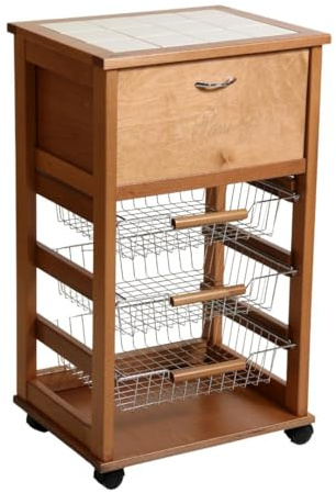 MA MAISON Carrello Salvaspazio in Legno dimensioni 85x49x39 cm - da Cucina, Piano d'appoggio Multiuso, 3 Cestini Contenitori, 1 Cassetto, Portapane, Portafrutta, 4 Ruote - Made in Italy