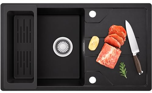 CECIPA Fregadero de cocina de granito negro 78 x 45 cm, con cesta colador, con instalación reversible, fregadero de cocina empotrable con sifón y juego de desagüe y rebosadero