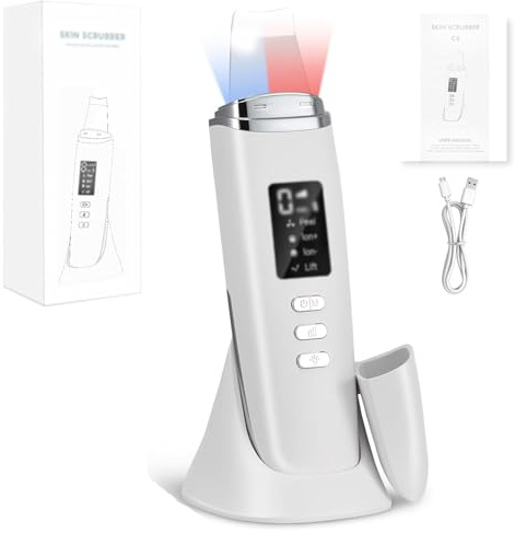 Limpiador de piel ultrasónico, limpiador de poros facial eléctrico con 4 modos y luz roja, luz azul, dispositivo ultrasónico facial, limpiador de poros para limpieza facial (blanco)
