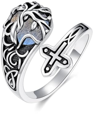 ROMANTICWORK Ring Verstellbar Daumenring Damen 925 Sterling Silber Lebensbaum Kreuz Verstellbare Ringe Opal/Türkis/Moosachat/Mondstein Ring Schmuck Geschenke für Damen