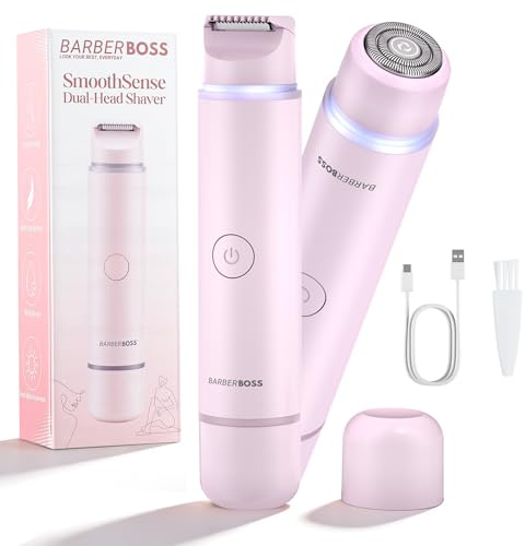 BarberBoss Rasoio da donna 2 in 1, kit per la rimozione dei peli del viso e del bikini, con luce di precisione, set da viaggio ricaricabile (Rosa)