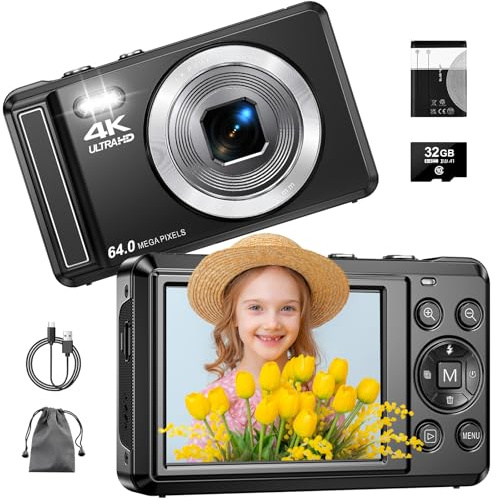 Digital Camera 4K 64 MP UHD Autofocus Camera with 16x Digital Zoom, 2.8'' Compact Digital Camera with 32GB Card and 1200 mAh Batteriey for Beginners, Teenagers
