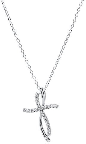 Damen-Halskette mit Kreuz-Anhänger Weißgold 0,20 Karat (750) Diamant rund gedrehtes Kreuz inklusive Goldkette