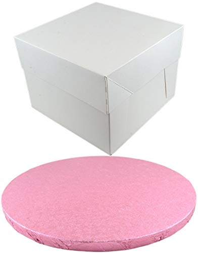 Art of Cake® Doric ROUND COLOURED Drum cake BOARD and white transporting BOX (8 Inch, Pale Pink)