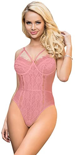 Yummy Bee Spitzen-Body für Damen – Spitze Teddy – Sexy Dessous – Übergröße Dessous Babydoll 8–22, rose, 46