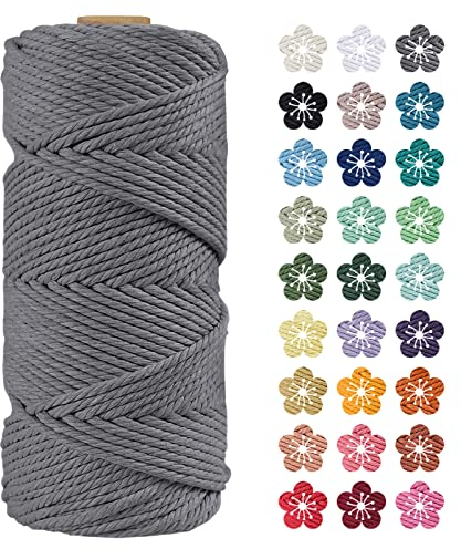LEREATI Makramee Garn 4mm x 100m Grau Baumwollkordel Natur Baumwollseil Farbig Baumwollgarn, Macrame Cord 4mm für DIY Geflochten, Makramee Deko, Hängepflanze, Wandbehang, Vorhang