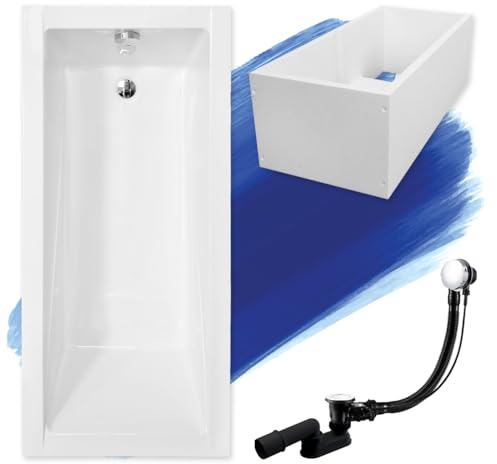 BADLAND Badewanne Original Weiß Acryl Wanne Rechteck MODERN 150x70 KOMPLETTSET SET mit Premium Wannenträger + Füßen und Exklusive Chrom Automatik Ablaufgarnitur Made in EU 4in1