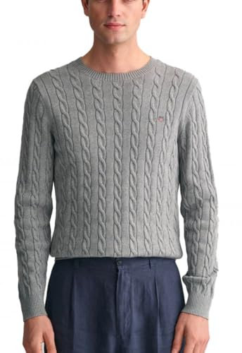 GANT Men's Cotton Cable C-Neck Jumper, Grey Melange, Standard, Grey Melange, XXL