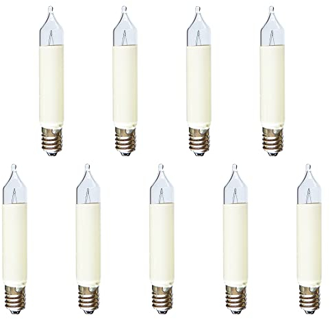 Erzgebirgslicht - AUSWAHL - 9 Stück Kleinschaftkerze 23V 3W E10 für 10 Brennstellen Ersatzbirne Glühbirne Minischaftkerze Glühlämpchen für Lichterketten Pyramide und Schwibbogen (keine LED!)