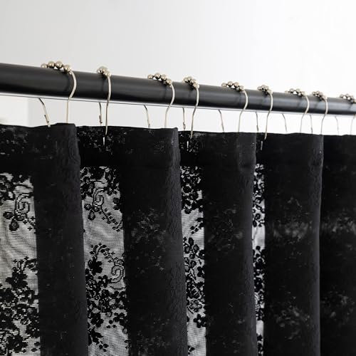 TUDECO Rideau de douche en dentelle avec cantonnière – Noir – 91,4 x 183 cm – Petit rideau de douche étroit pour salle de bain avec trous renforcés – 91,4 x 183 cm