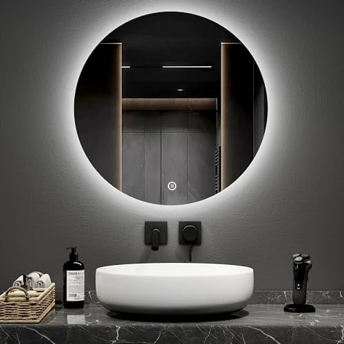 EMKE Round Bathroom Mirror with Led Lights - 60CM Wall Mounted Vanity Mirror Frameless Circular Bathroom led Mirrors with Touch Switch, Adjusting Brightness, Illuminated Smart Mirrors