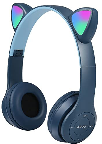 LQKYWNA Kids Wireless Headphones with Cat Ears,Foldable Bluetooth Headphone LED Light Up, Over Ear Headsets for Boys Girls Adults with Stereo Sound FM Radio TF Card (Navy Blue)