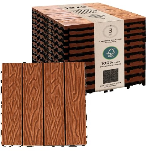 IDZO Wood Plastic Composite Deck Tiles Set of 10, Sustainable FSC Composite Decking Resist Rust, Water, Weather, Easy to DIY & Maintain, Ideal for Patios, Balconies, Rooftops, Decks - Red Brown