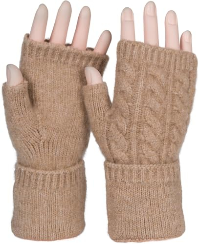 styleBREAKER Damen Fingerlose Handschuhe mit Zopfmuster und dezentem Metallic-Faden, Winter Strickhandschuhe 09010042, Farbe:Braun