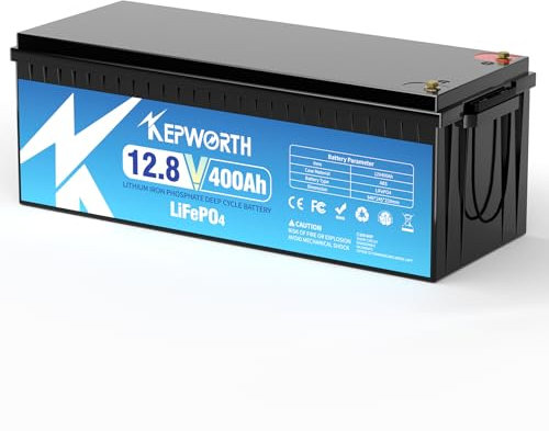 KEPWORTH Bateria Litio 12V 400Ah Batería Lifepo4, hasta 15000 Ciclos y 10 Años de Vida, 200A BMS, Baterias Solares para Caravana Energía de Respaldo Aplicación Fuera Red Barco Motor de Arrastre