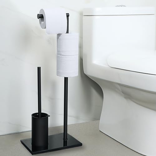 Sayayo Piantana Portarotolo e Scopino Nero, Acciaio Inox Portarotolo Carta Igienica da Terra con Spazzolino WC, Porta Rotoli Cartaigienica Bagno, Senza Forare, in Piedi, Base in Vetro Temperato