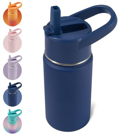 Fijinhom 12 oz Toddler Bottle, Kids Water Bottle for School Boys&Girls with Straws Lids, 304 Stainless Steel Vacuum Insulated Thermos, BPA-Free, Navy blue