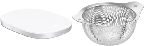 ZWILLING ENFINIGY Digitale Küchenwaage mit LCD-Display, aus Kunststoff, Aufladung per USB, bis 10 kg, Silber & Table Sieb, 16 cm, Edelstahl, 17 x 16 x 8 cm