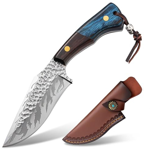 TIMKOSS Messer Survival Jagdmesser Camping Gürtelmesser mit Lederscheide für Outdoor Wandern, Full Tang Überlebensmesser Holzgriff, Angeln Taschenmesser mit Holster