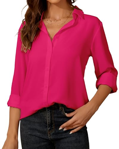 SPRING SEAON Chemisier à manches longues en mousseline de soie avec col en V pour femme, rose rouge, M