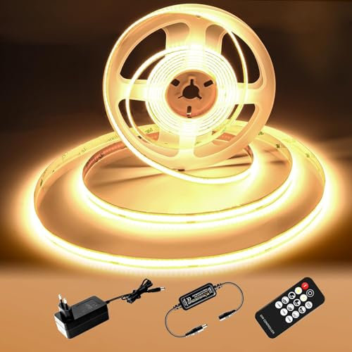 luktix COB LED Streifen 5M, 2700K Warmweiss LED Strip, 24V Dimmbare Lichtband, CRI92, 8mm Breite, mit Fernbedienung und Netzteil, für Heimdekoration, Küche, Spiegel (2700k, 5m)