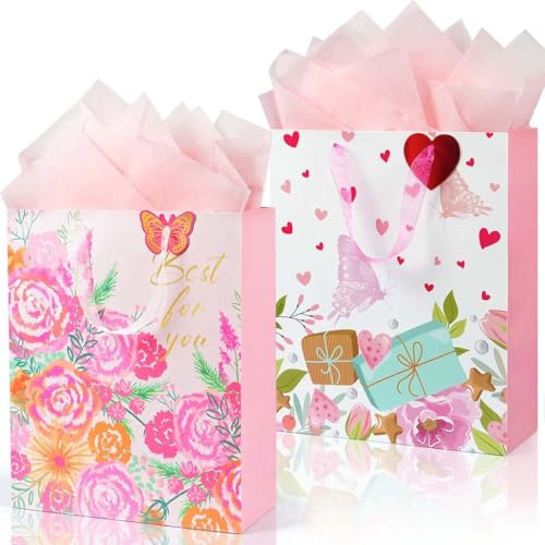 2 Stück Geschenktüten Set, große Geschenktüten mit Seidenpapier, Rosa Floral Papiertüten für Frauen und Mädchen, Geschenktaschen für Geburtstag, Muttertag, Hochzeit, Valentinstag, 32x26x11cm
