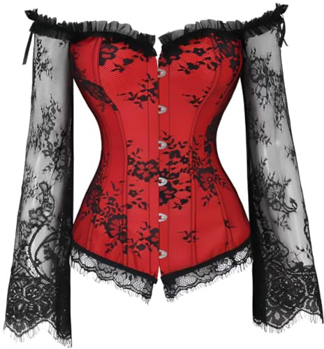 KUOSE Women's Vintage Push Up Corset Top Off-Shoulder Bodyshaper Lingerie Lace Sleeve