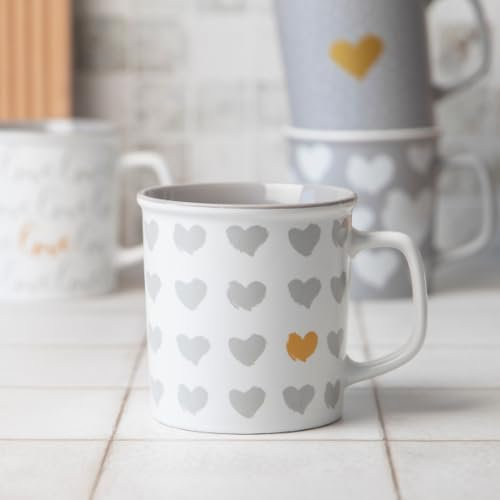 FABFINDS Romantic Love Heart Ceramic Mug 440ml Cute Grey & White Coffee Cup with Gold Accent, Script & Heart Print Design, Durable Glazed Tea Mug for Home, Office in Assorted Styles (Sweetheart Grey)