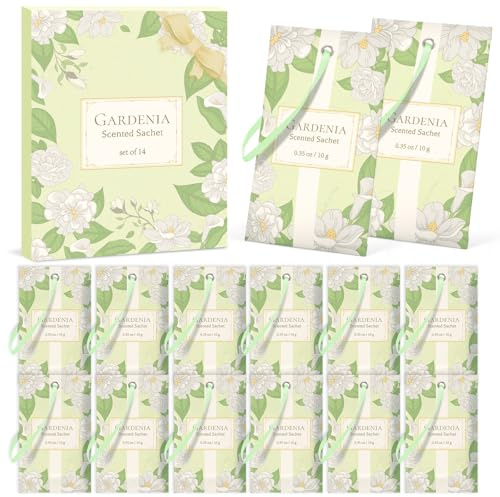 SCENTORINI Gardenia Scented Sachets 14 Pack for Wardrobes Drawers Closet | 14 Gardenia Scented Sachets with Hanging Strings for Wardrobes, Drawers, Closets and Storage Spaces