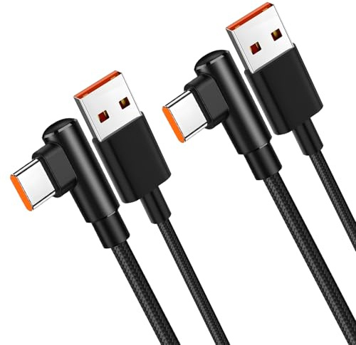 Tuwonwa 2PCS 120W Câble USB C vers USB C Coudé 6A 2M Coudé 90° Charge Rapide PD Compatible PC Ordinateur Portable Smartphone Tablette Console Switch Transfert Données Durable Nylon Tressé