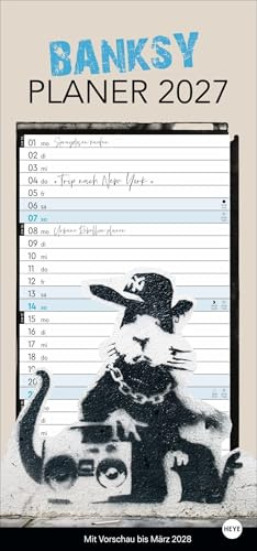 Banksy Planer 2027: Terminkalender als Wandplaner mit großer Einzelspalte. Monatlich wechselnde Guerilla-Art-Motive des zeitgenössischen Künstlers Banksy. Wandkalender im Format 21 x 45 cm