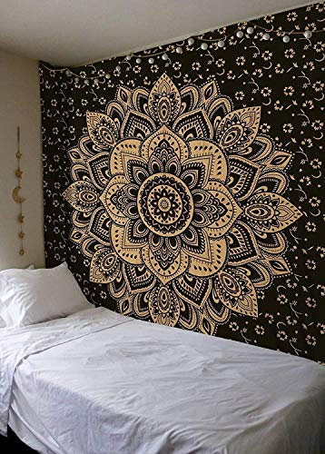 Popular Handicrafts Wandbehang für Schlafzimmer, goldfarben, Ombré-Mandala-Wandkunst, Hippie-Wandbehang, Bohemian-Wandteppich (215 x 230 cm), Schwarz