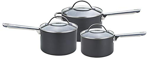 Anolon Professional Saucepans -16, 18 and 20cm-Premium Non Stick Sauce Pans with Glass lids Anodised cookware - Oven and Dishwasher Safe, hard-anodized_aluminum, Black, Set of 3