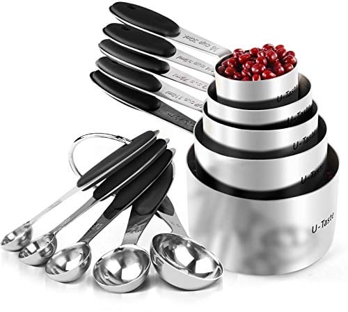 U-Taste Lot de 10 tasses et cuillères à mesurer en acier inoxydable 18/8, poignée épaisse améliorée (noir)