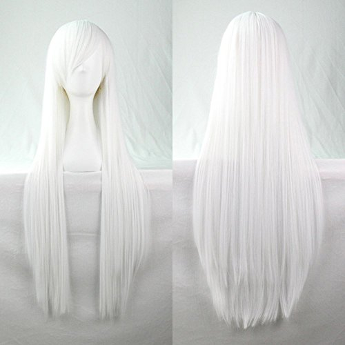 FALAMKA White Wig Weiß Perücke Lang Mit Pony Cosplay Kostüm Unisex Gerade Perücke Karneval