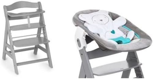 Hauck Seggiolone Pappa in Legno Alpha+ - Seggiolone Evolutivo - Resistente al Ribaltamento - Grigio & Sdraietta Neonato Alpha Bouncer 2in1, Compatibile con Seggioloni Hauck Alpha Plus e Beta Plus