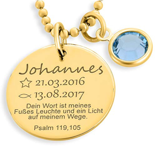 Taufkette Gold Junge Mädchen Gravur Taufspruch Namenskette Taufe Monatsstein Taufschmuck mit Daten Psalm Taufspruch Taufe Geschenk Goldkette Geburt Baby | HANDMADE IN GERMANY