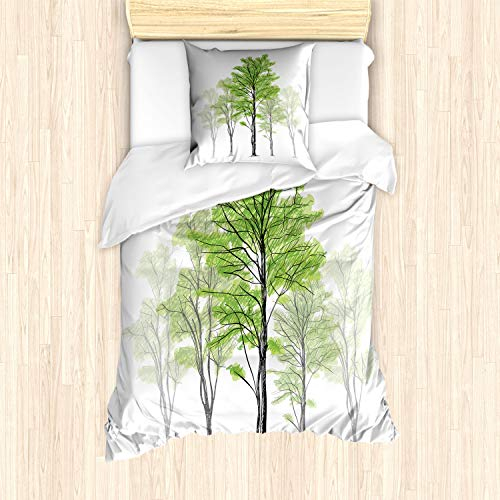 ABAKUHAUS Wald Bettbezug Set, Hand gezeichnete Natur-Motiv, Milbensicher Allergiker geeignet mit Kissenbezügen, 135 cm x 200 cm - 80 x 80 cm, Grün Schwarz Weiß