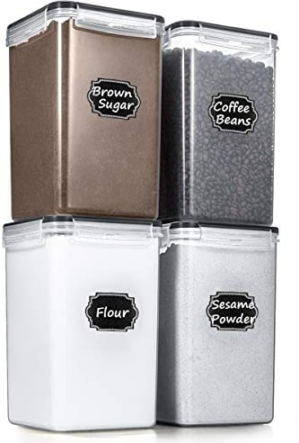 Wildone Airtight Food Storage Containers BPA Free Cereal & Dry Food Storage Containers Set of 4 [6.5L/ 5.9QT] for Sugar, Flour, Snack, Baking Supplies, with 20 Chalkboard Labels & 1 Marker
