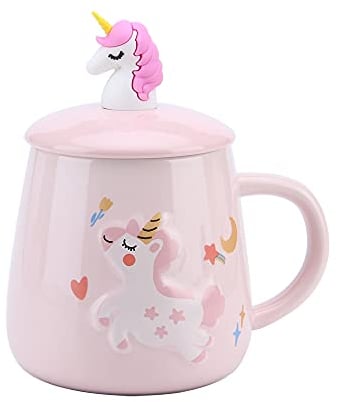 Unicorno Tazza da caffè in ceramica con coperchio e cucchiaio per ragazze, Novità Animali divertenti bicchiere Ufficio Viaggio Tazza da tè per la mattina Latte Acqua Compleanno Natale I regali 400ML