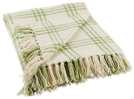 DII Green & White Plaid Rectangular Cotton Decorative Throw 50 x 60 Baumwoll-Fransen-Überwurfdecke, Weiß/Antikgrün, 50x60