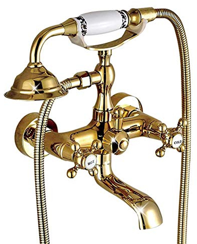 Grifo De Bañera, Grifo De Ducha Con Ducha De Mano, Latón Dos Asas Mezclador Baño Y Ducha, Incluye Soporte Y Manguera De 150 Cm, Montaje En Pared, Estilo Antiguo, Dorado