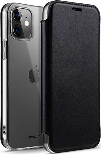 STILGUT Schutzhülle für iPhone 12 Mini, transparent, TPU, mit Kartenfach aus Nappaleder, mit RFID-/NFC-Block, Schwarz