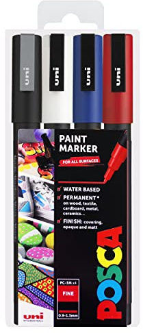 Posca Wtaer Based Permanent Marker Paint Pen - Multi Surface Use - PC-3M, 0.9-1.3mm Nib - Silver, White, Blue, & Red - Set of 4 Pens in Gift Wallet