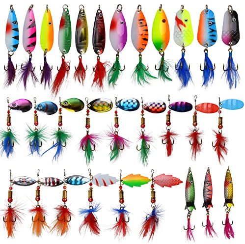 30Pcs Trout Fishing Lures Kit Rooster Tail Spinner Baits Metal Spoon Lures Swimbait Treble Hooks Crankbaits Minnow Variety Kit for Trout Bass Salmon Crappie (30Pcs Feathered Treble Hooks)